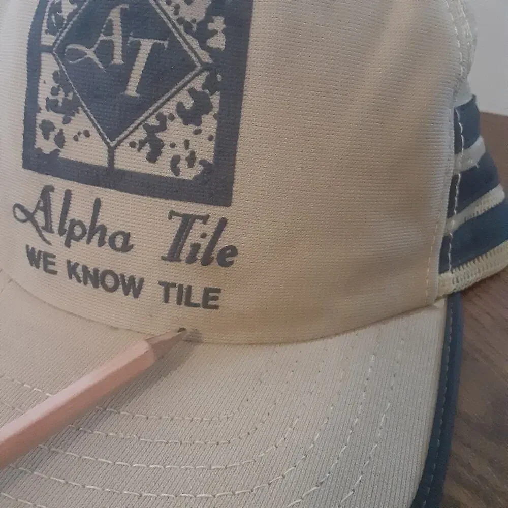 Vintage Alpha Tile We Know Tile 3 Stripe Trucker Hat Beige Blue